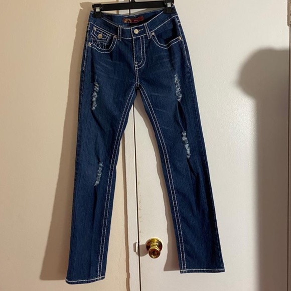 U - 51 Denim - U - 51 Straight Leg Distressed Embroidered Jeans - Size 5/6